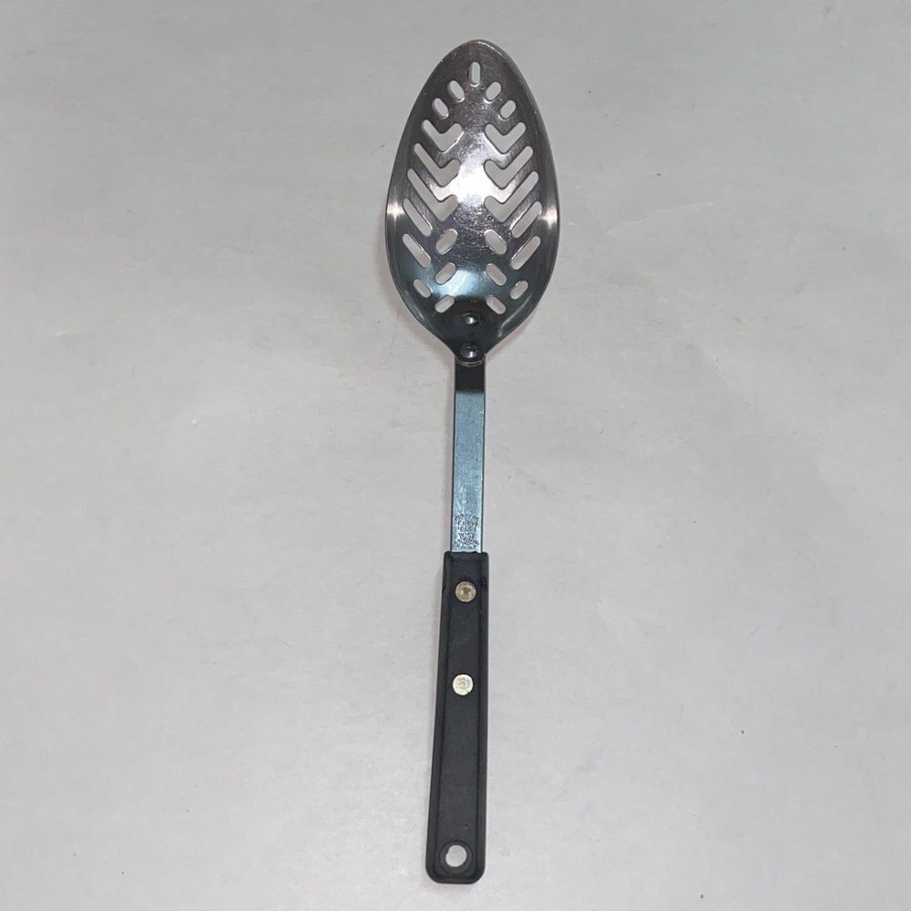 Vintage Stainless Ekco Steel USA Sleek Black and Silver Slotted Spoon